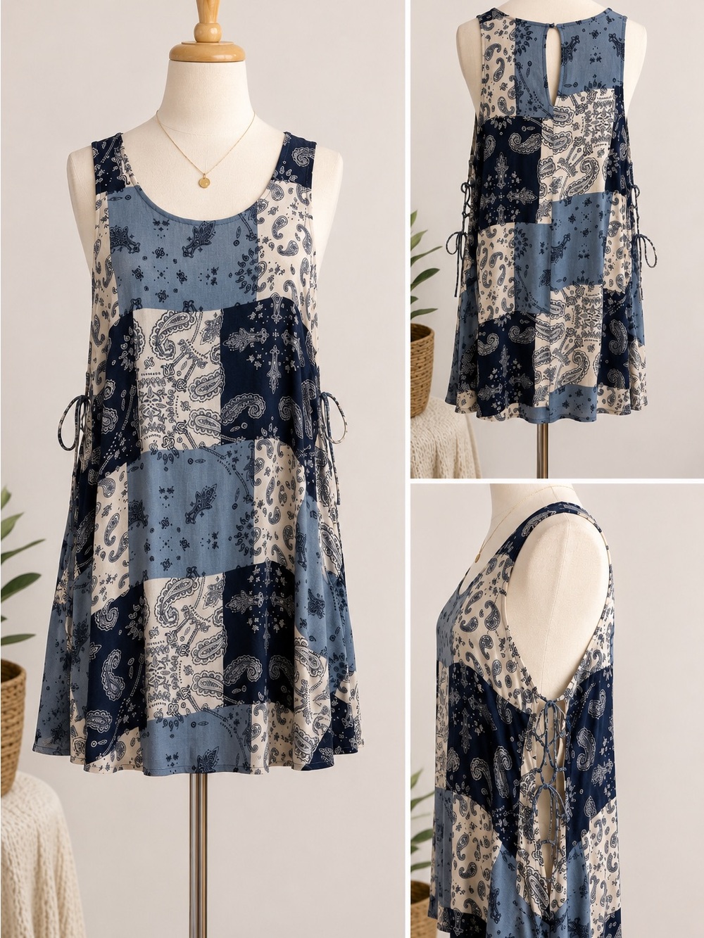 Vintage Havana Boho Patchwork Paisley Swing Dress Blue White Sleeveless Size S